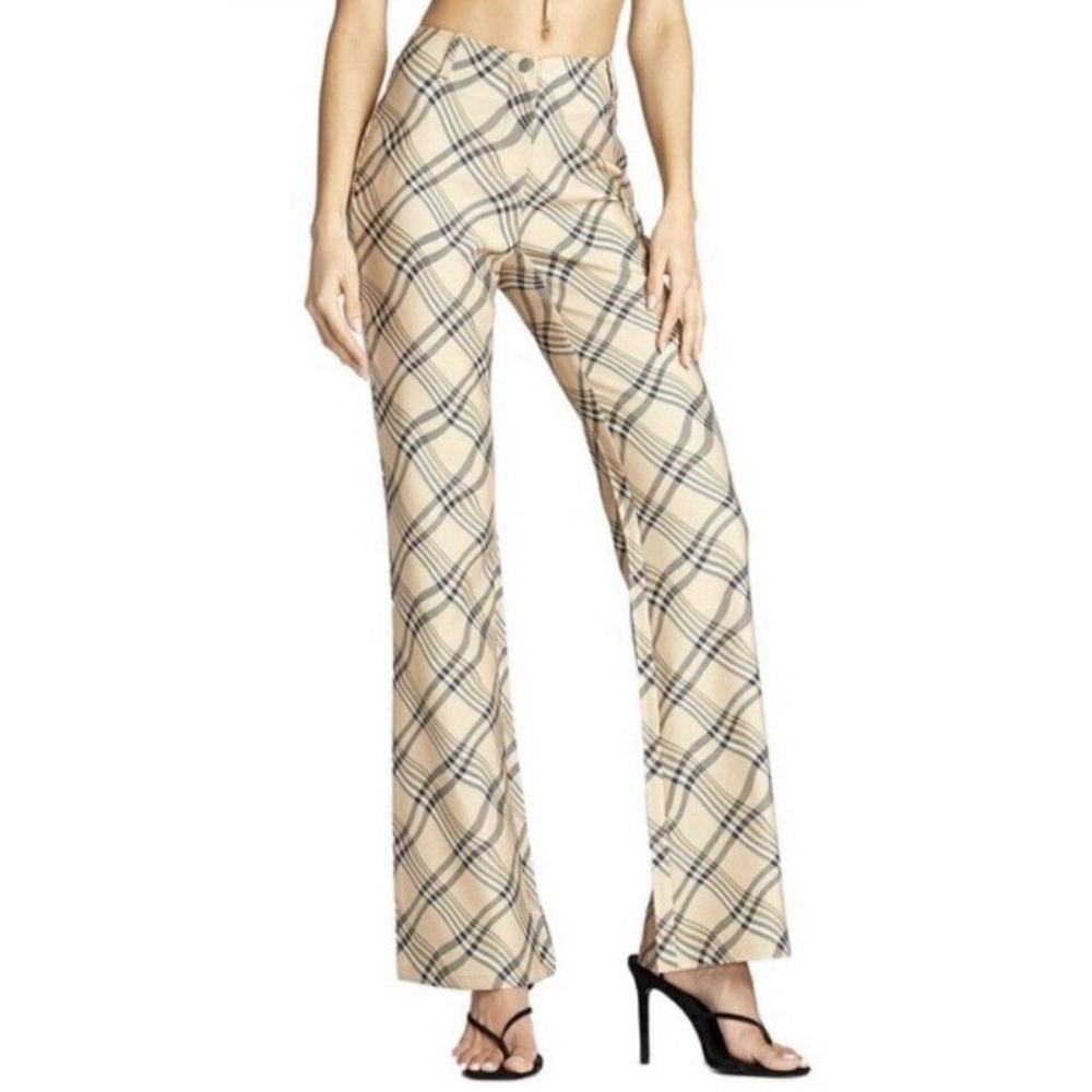 I.AM.GIA Carmel Groovy Pants Womens LG Beige Check Plaid Flared Stretch Hippie